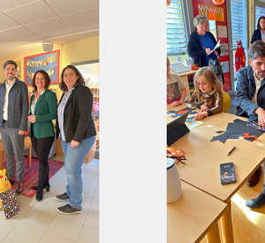 Foto links: Bildungsminister Sven Teuber mit dem Kita-Personal. Foto rechts: Sven Teuber bastelt mit den Kindern.